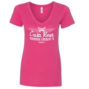 Casa Rosa Miranda Lambert’s Nashville, Tennessee v-neck to shirt in magenta pink
